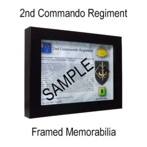 Framed Memorabilia presents framed for display the Regimental badge of 2nd Commando Regiment. 2 CDO REGT is part of the Australian Army's Special Forces, which is part of the Australian Defence Force.