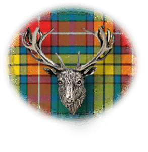 Clan Buchanan is a Scottish Highland clan of Scotland. Framed for display is the Kilt tartan, motto and crest displaying a stag head crest. Memorabilia.